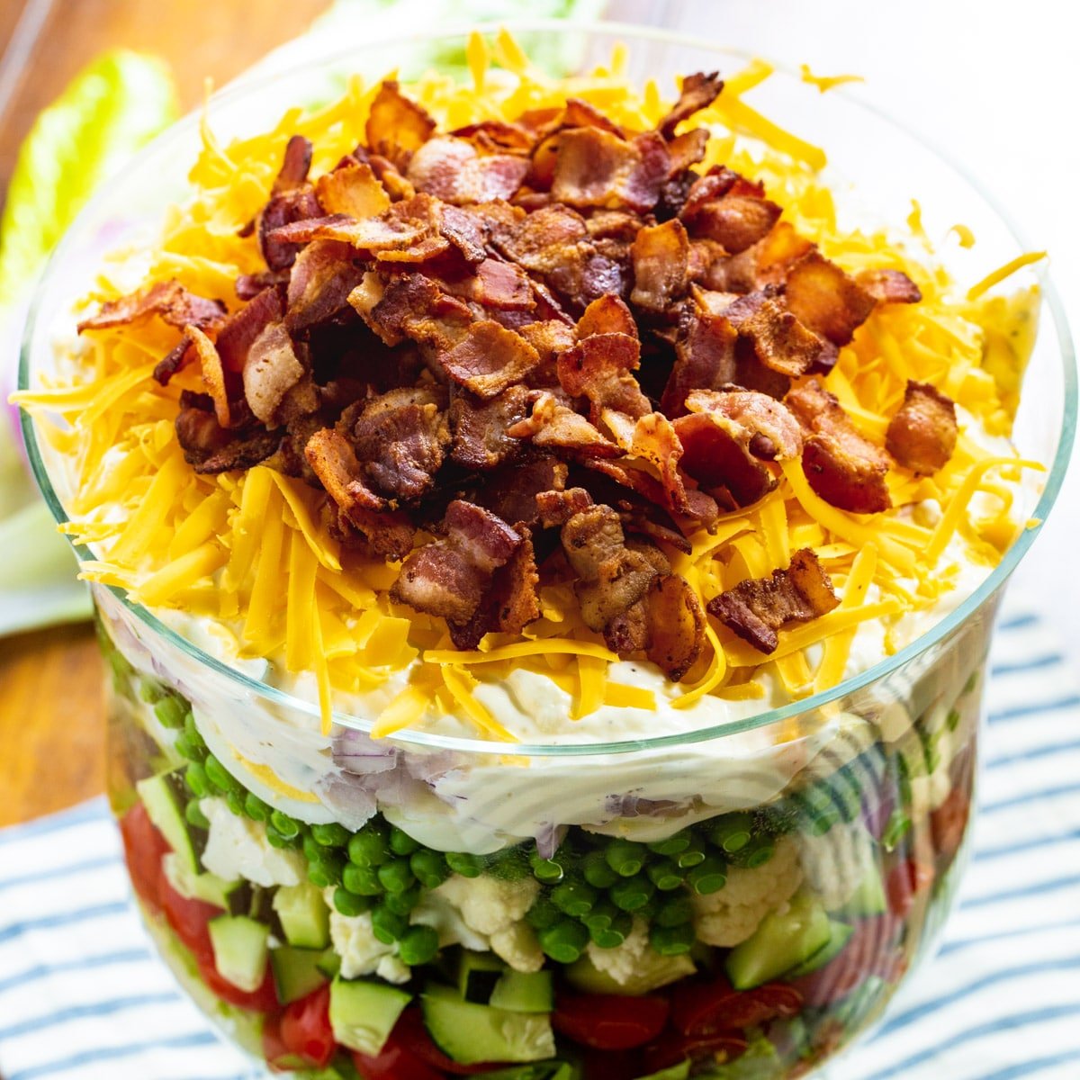 Seven-Layer Salad in a trifle dish.