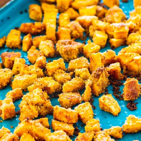 Shake and Bake Sweet Potatoes on baking sheet.