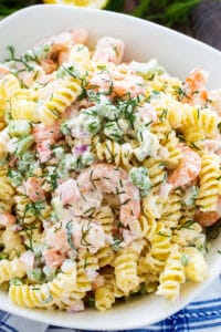 Shrimp and Dill Pasta Salad in a white serving bowl.