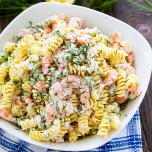 Shrimp and Dill Pasta Salad in a white serving bowl.