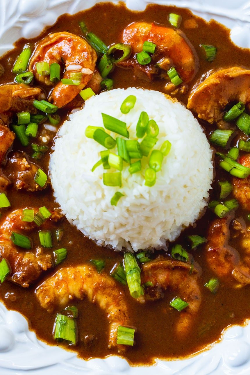 Overhead close-up of Shrimp Etouffee in a bowl.