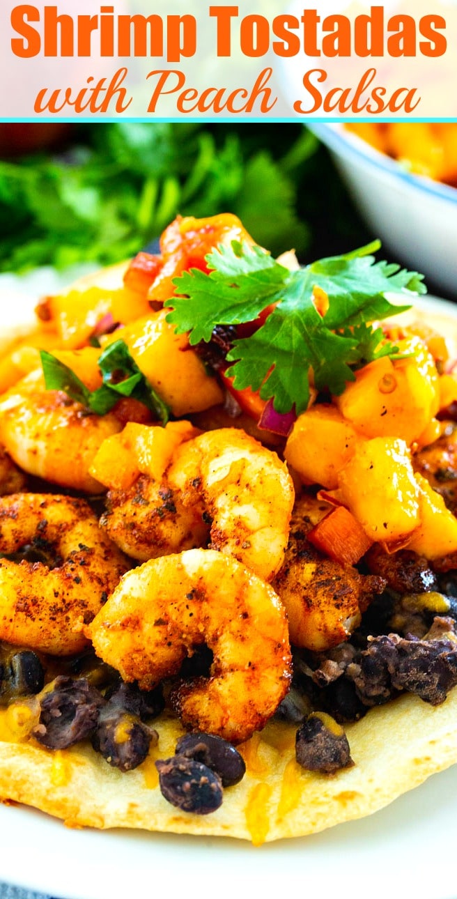 Close-up of Shrimp Tostada with text over lay that says "Shrimp Tostadas with Peach Salsa"