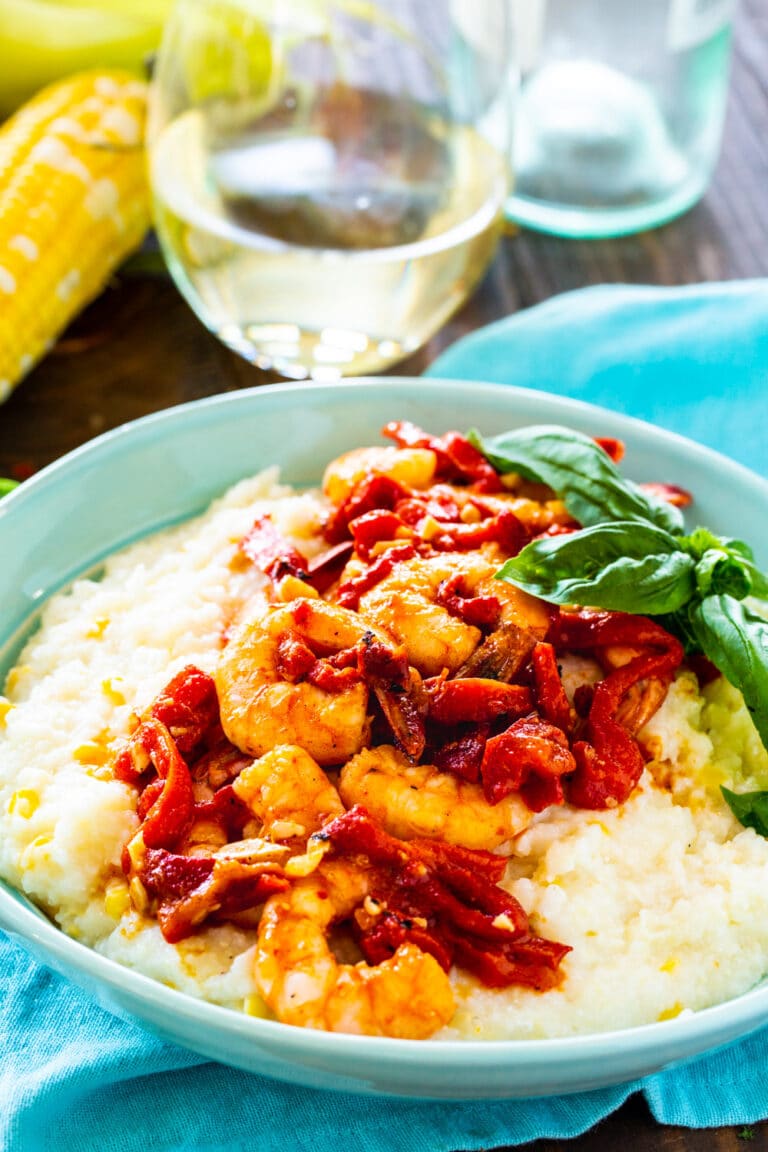 Shrimp and Goat Cheese Grits with Roasted Red Pepper Sauce Spicy