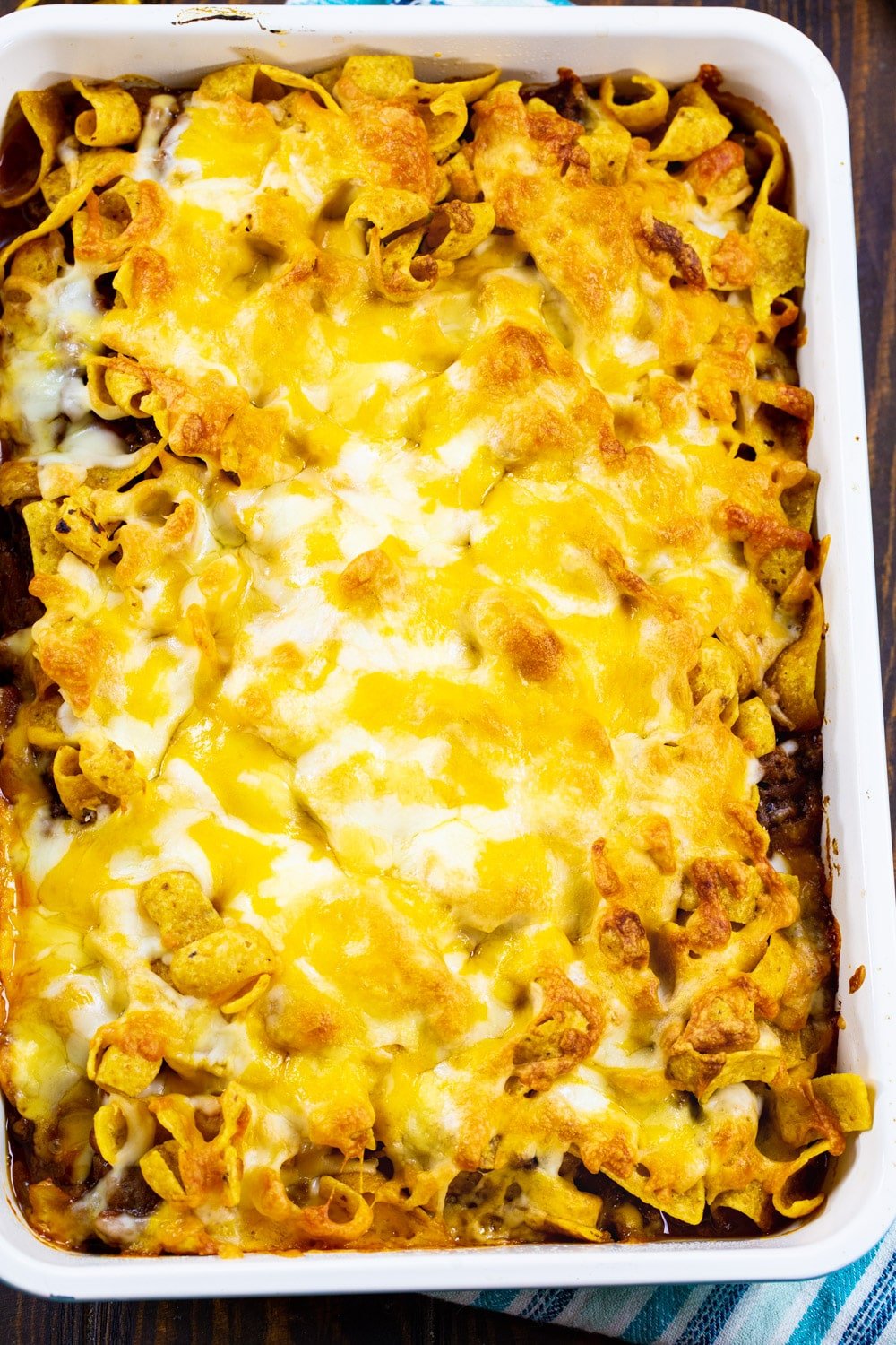 Overhead of Frito Casserole in a 9x13-inch pan.