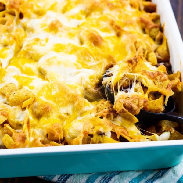 Sloppy Joe Frito Casserole in 9x13-inch baking dish.