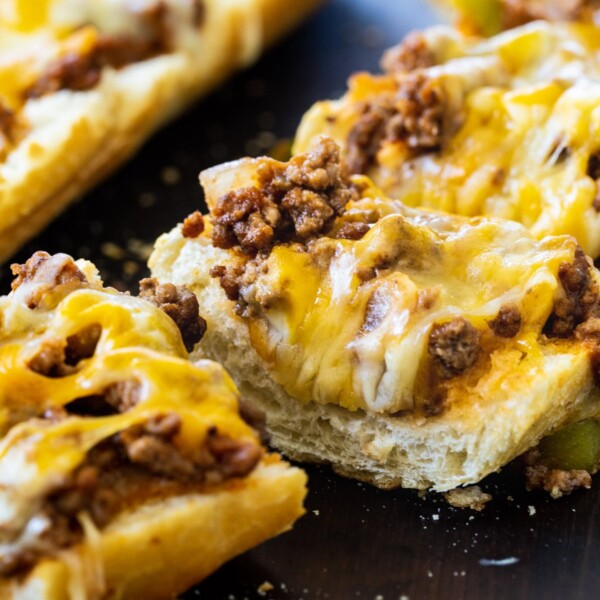 Sloppy Joe French Bread Pizza cut into slices.