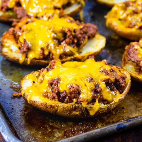 Sloppy Joe Potato Skins on a baking sheet.