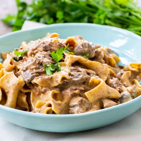 Slow Cooker Beef Storganoff in a bowl.