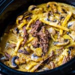 Slow Cooker Beef and Noodles with Mushrooms in a slow cokker.