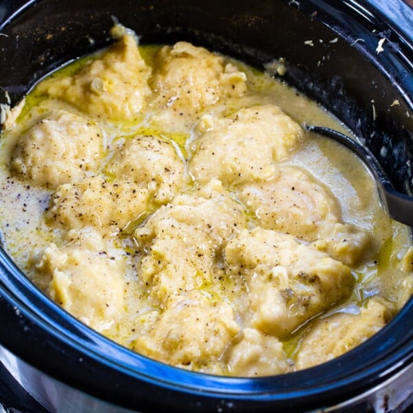 Slow Cooker Chicken and Bisquick Dumplings in slow cooker.