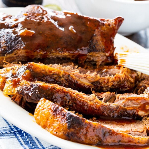 Slow Cooker Brisket sliced on a plate.