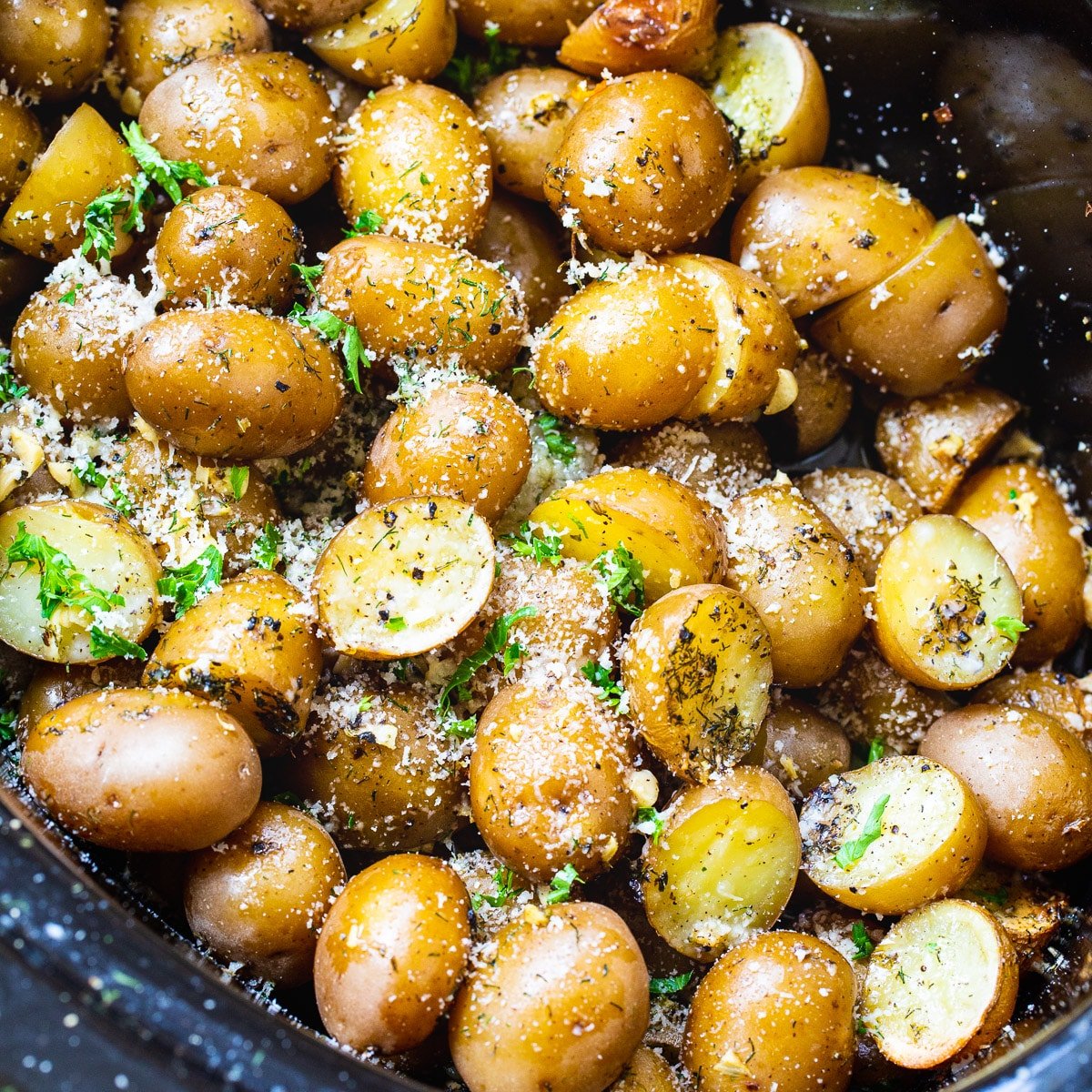 Garlic Parmesan Potatoes in a slow cooker.