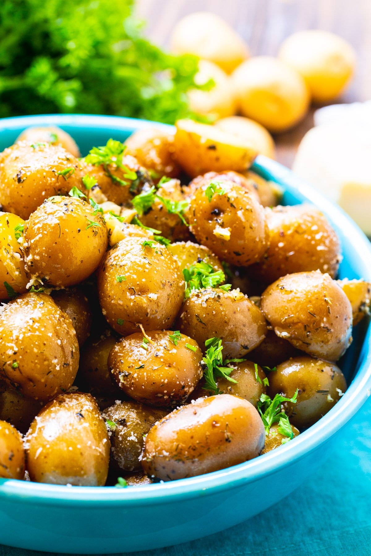 Potatoes in a blue bowl.