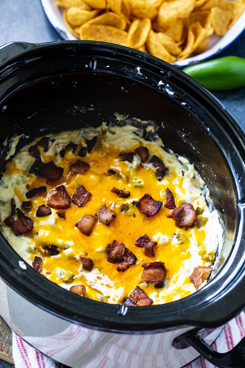 Jalapeno Popper Dip in a slow cooker.