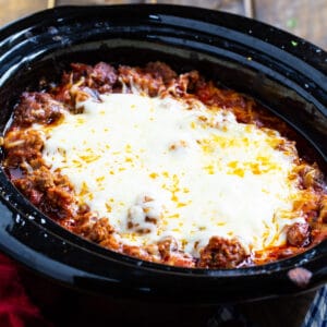 Slow Cooker Lasagna in a black crockpot.