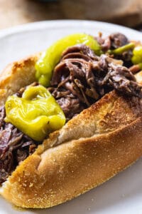 Slow Cooker Mississippi Beef in a sub roll.