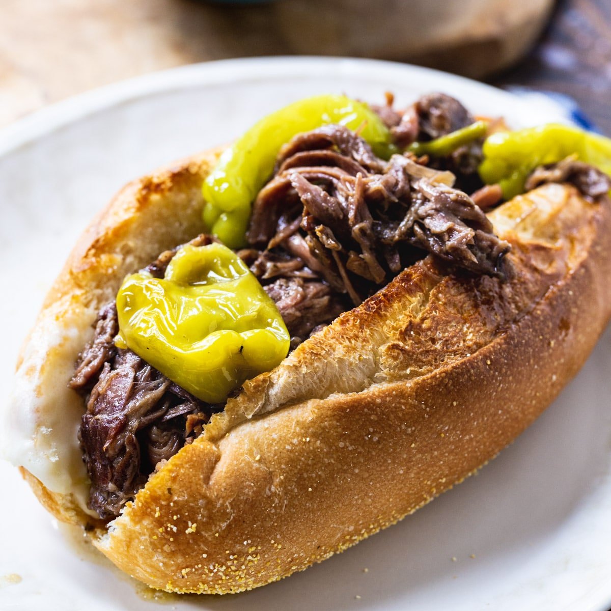 Slow Cooker Mississippi Beef in a sub roll.