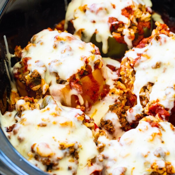 Slow Cooker Stuffed Peppers in a slow cooker.