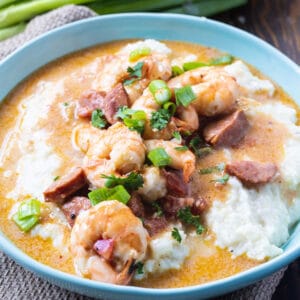 Shrimp and Grits in a blue bowl.