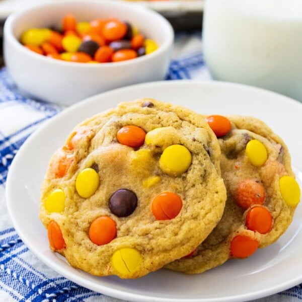 Soft-Baked Reese's Pieces Cookies on a plate.