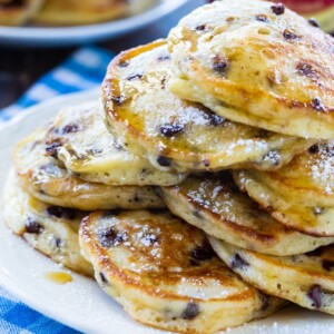 Stack of pancakes on a plate.