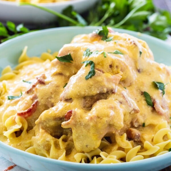 Sour Cream and Bacon Chicken over noodles in a bowl.