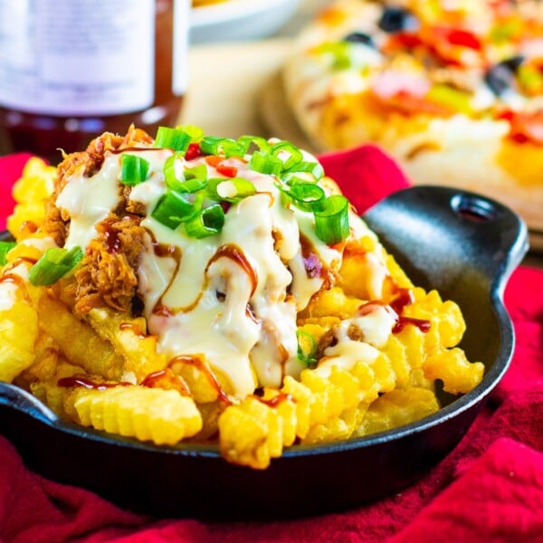 Southern Cheese Fries covered with pulled pork and pimento cheese sauce.