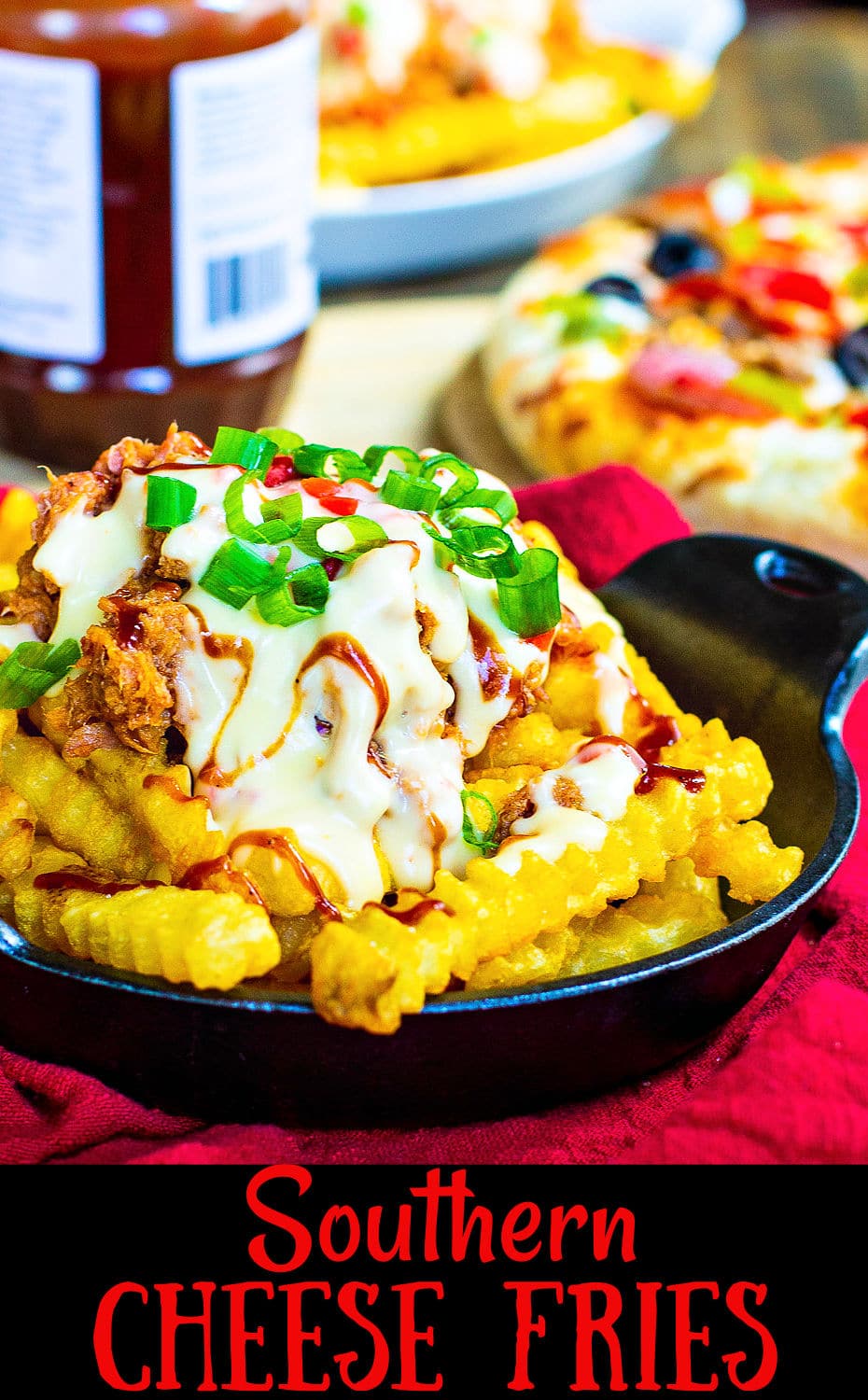 Southern Cheese Fries covered with pulled pork and pimento cheese sauce.