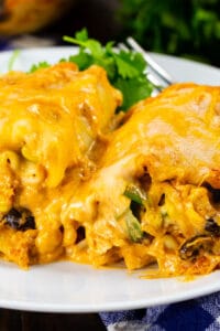 Two Southwestern Chicken Lasagna Roll-Ups on a plate.