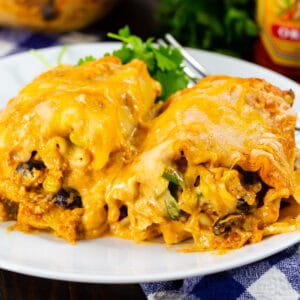 Two Southwestern Chicken Lasagna Roll-Ups on a plate.