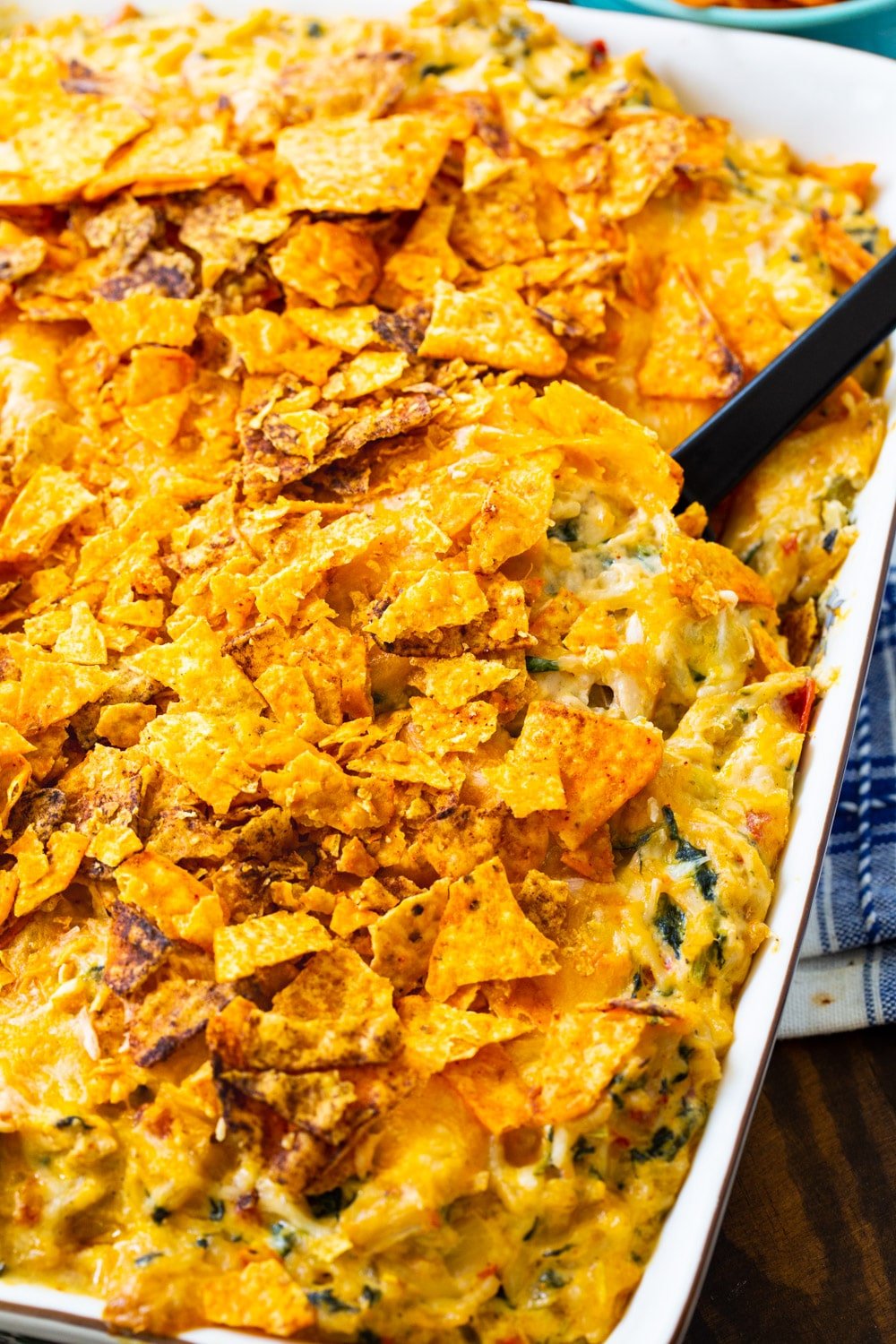Turkey Casserole with crushed doritos on top.