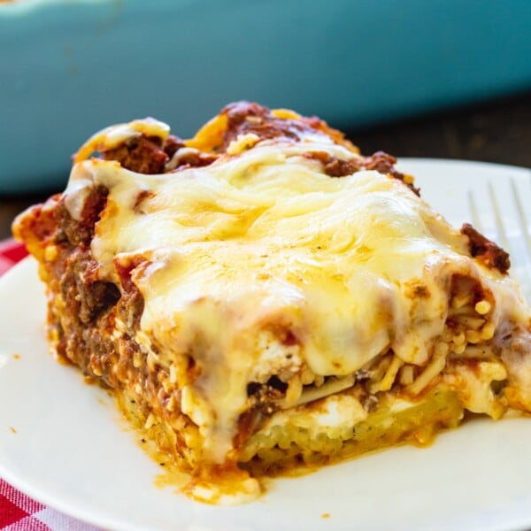 Slice of Spaghetti Casserole on a plate.