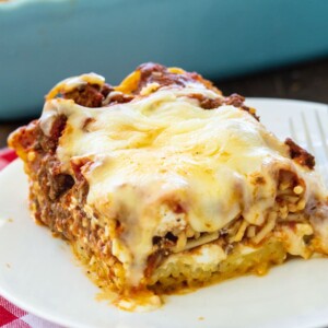 Slice of casserole on a white plate.