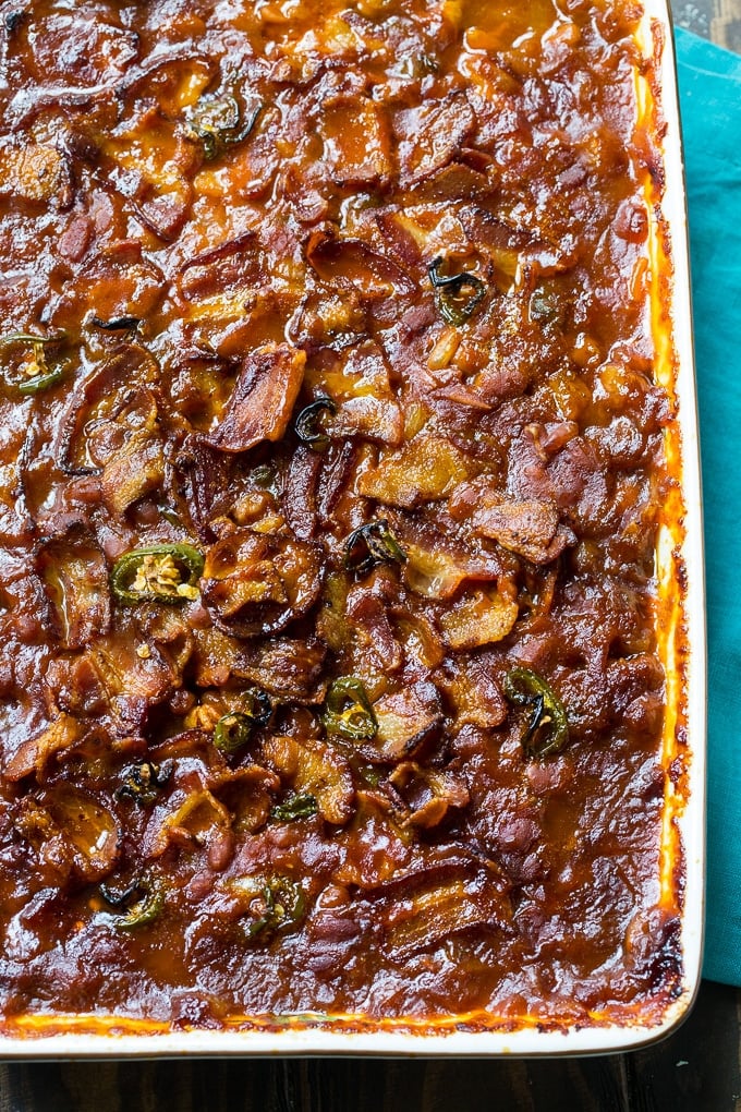 Spicy Bacon Baked Beans baked in a 9x13-inch pan