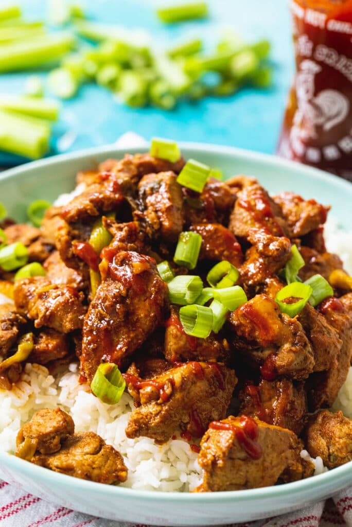 Stir-Fried Spicy Pork in bowl with green onions in background.