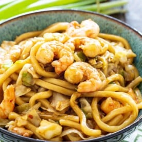 Spicy Udon with Shrimp in a bowl