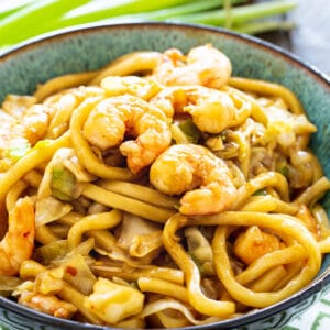 Spicy Shrimp Udon in a bowl.