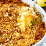 Squash Casserole with Stuffing Top in a baking dish.