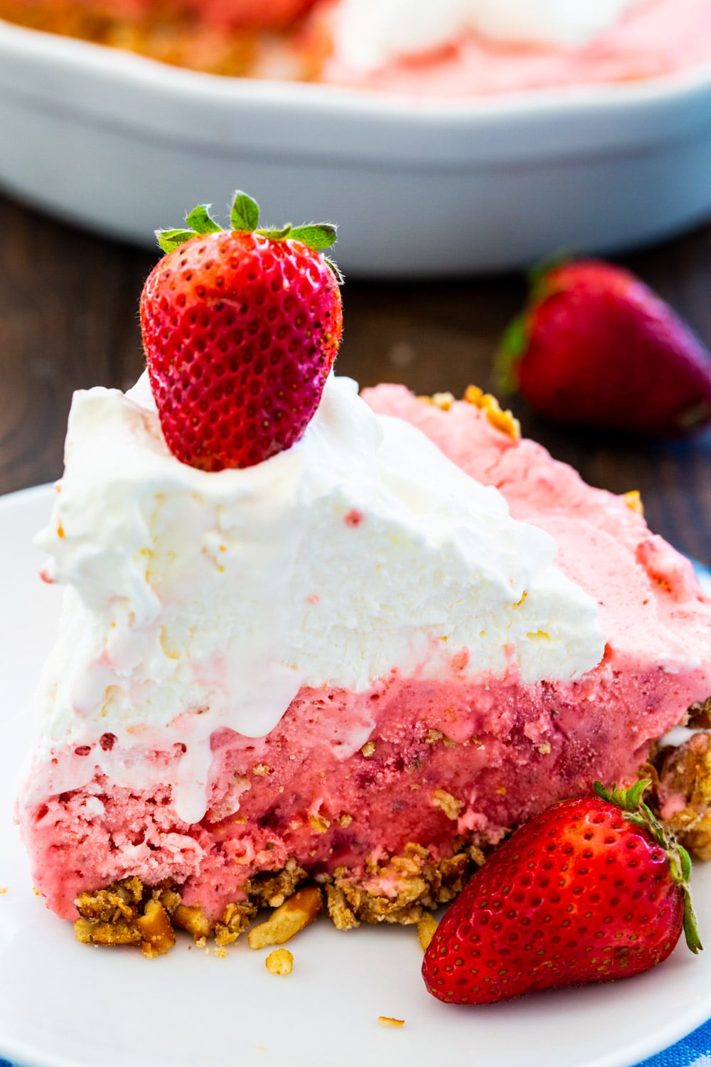 Close-up of slice of Strawberry Pretzel Icebox Pie .