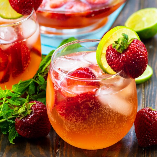 Strawberry Shortcake Sangria in a wine glass.