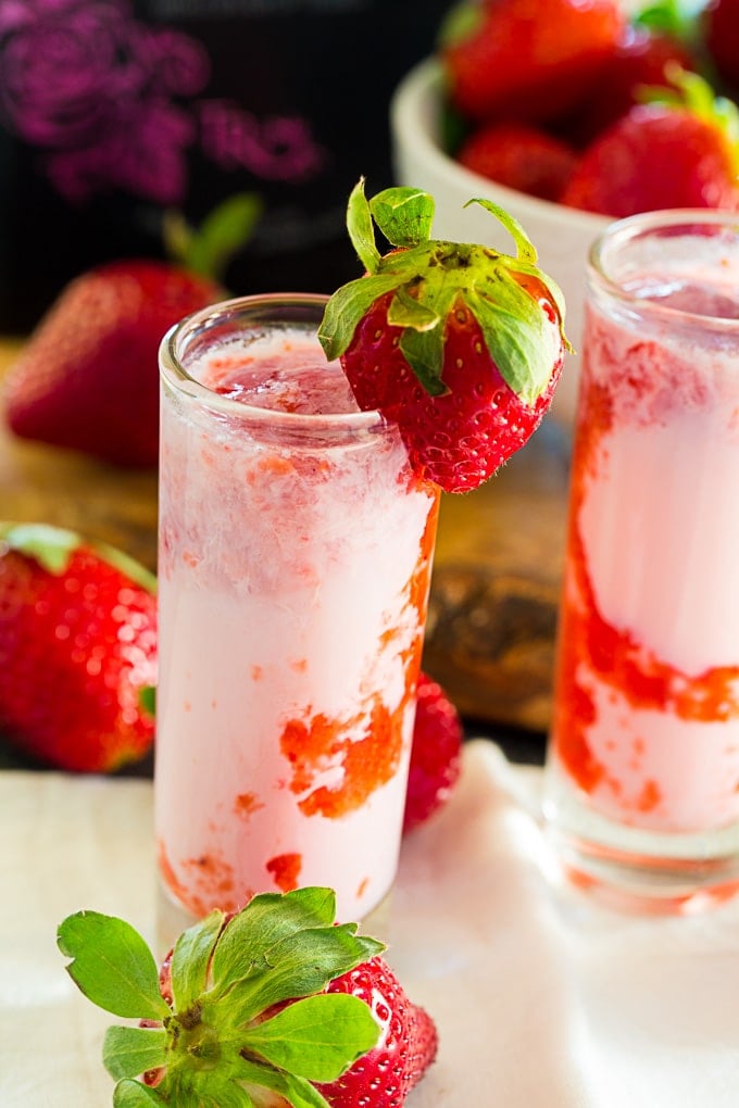 Strawberry Shortcake Shots in shot glasses