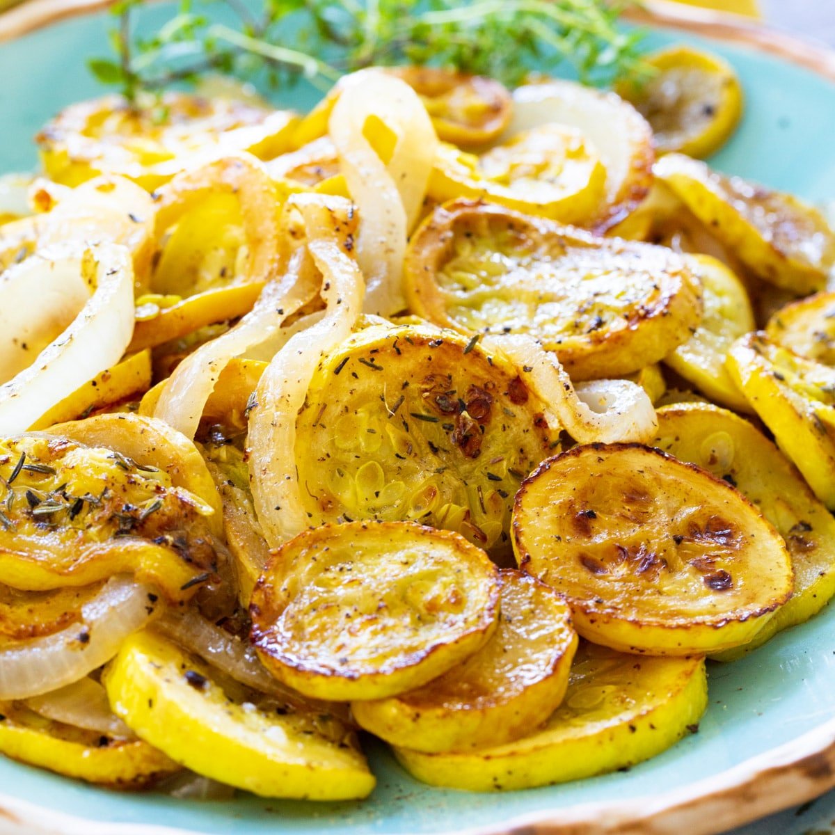 Summer Squash and Onions on a serving platter.