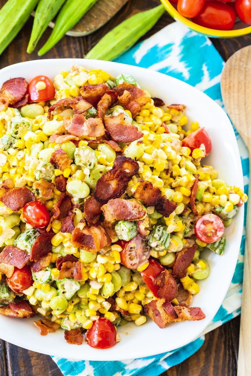 Overhead of Southern Succotash in a serving bowl.