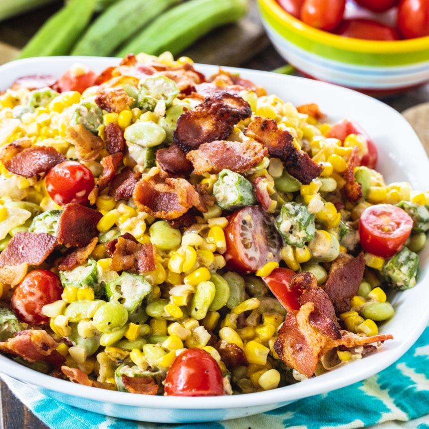 Succotash in a white bowl.