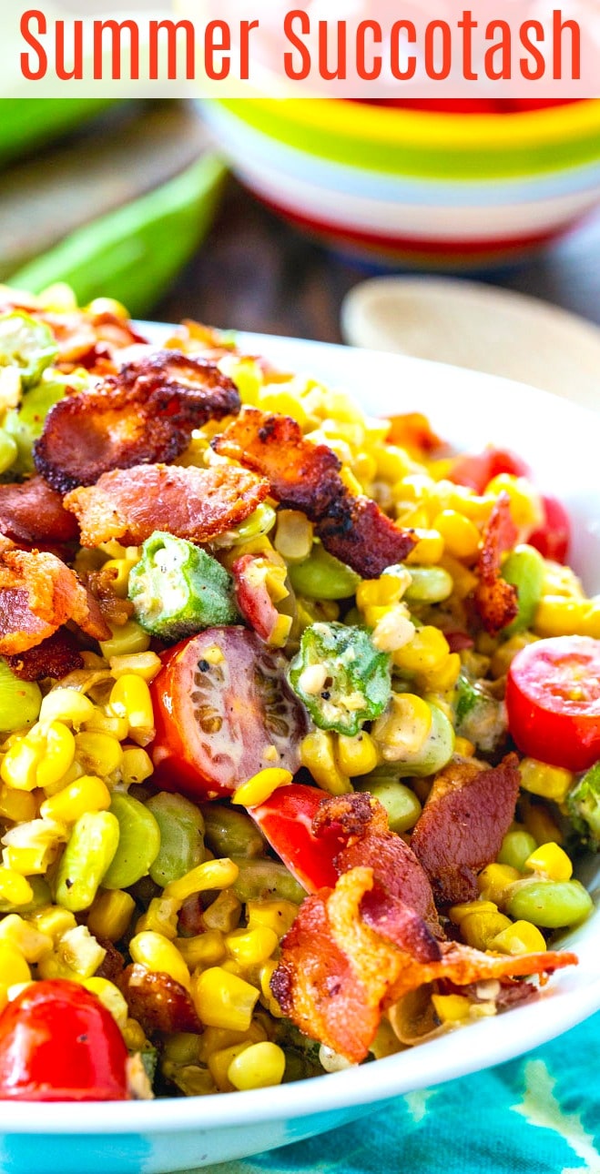 Close-up of Summer Succotash in a white bowl.