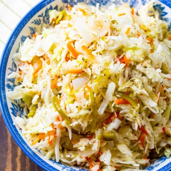 Sweet Vinegar Coleslaw in blue and white bowl.