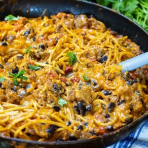 Pasta in a large skillet.