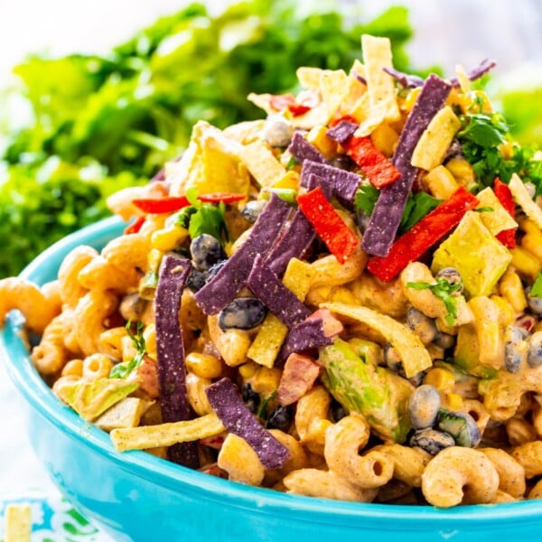 Tex Mex Pasta Salad in a blue bowl.