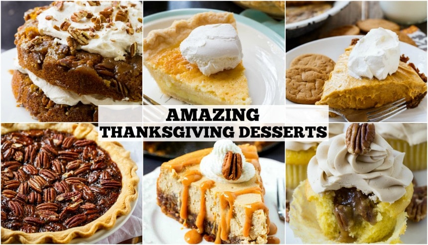 Collage of 6 Thanksgiving desserts.