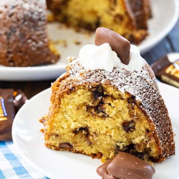 Slice of Toffee Bundt Cake on a plate.